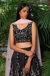Buy_Shloka Sudhakar_Black Soft Silk Satin V Neck Embroidered Lehenga Set _Online_at_Aza_Fashions