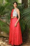 Buy_Shloka Sudhakar_Red Denim, Silk Satin Halter Embroidered Lehenga Set _at_Aza_Fashions