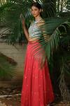 Shop_Shloka Sudhakar_Red Denim, Silk Satin Halter Embroidered Lehenga Set _at_Aza_Fashions