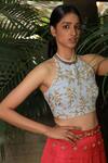 Shloka Sudhakar_Red Denim, Silk Satin Halter Embroidered Lehenga Set _Online_at_Aza_Fashions