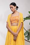 Aneesh Agarwaal_Yellow Organza, Silk Muslin Straight Floral Print Cape Lehenga Set _Online_at_Aza_Fashions
