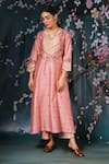 Buy_Label Niti Bothra_Pink Chanderi Silk Printed Floral V Neck Kurta And Palazzo Set _at_Aza_Fashions