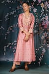 Shop_Label Niti Bothra_Pink Chanderi Silk Printed Floral V Neck Kurta And Palazzo Set _at_Aza_Fashions