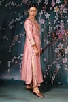 Label Niti Bothra_Pink Chanderi Silk Printed Floral V Neck Kurta And Palazzo Set _Online_at_Aza_Fashions