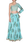 Buy_Yuvrani Jaipur_Blue Muslin Embroidery Asymmetric One Shoulder Crop Top And Skirt Set _at_Aza_Fashions