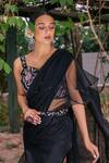 Shop_Tarini Vij_Black Georgette And Organza Cutdana & Embroidered Pre-stitched Saree With Blouse _Online_at_Aza_Fashions