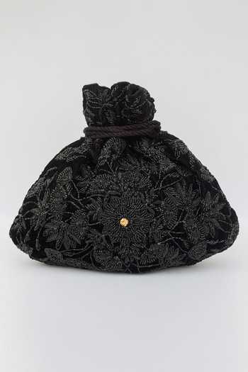 Buy_Eena_Black Embroidery, Beads Zahara Floral Potli Bag _at_Aza_Fashions
