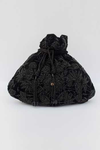 Shop_Eena_Black Embroidery, Beads Zahara Floral Potli Bag _at_Aza_Fashions