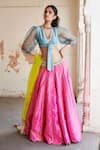 Buy_Rajiramniq_Blue Tissue Silk Embroidery V Neck Lehenga Set _at_Aza_Fashions