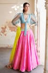 Shop_Rajiramniq_Blue Tissue Silk Embroidery V Neck Lehenga Set _at_Aza_Fashions