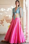 Rajiramniq_Blue Tissue Silk Embroidery V Neck Lehenga Set _Online_at_Aza_Fashions