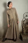 Buy_Chillosophy_Beige Cotton Silk Shirt Collar Pleated Maxi Dress  _Online_at_Aza_Fashions