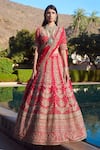 Shop_Sahil Kochhar_Pink Raw Silk Leaf Neck Zara Bridal Lehenga Set  _at_Aza_Fashions