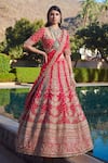 Sahil Kochhar_Pink Raw Silk Leaf Neck Zara Bridal Lehenga Set  _Online_at_Aza_Fashions