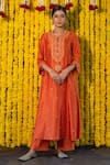 Buy_Label Niti Bothra_Orange Cupro Embroidery Notched Kurta Palazzo Set _at_Aza_Fashions