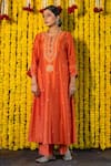 Label Niti Bothra_Orange Cupro Embroidery Notched Kurta Palazzo Set _Online_at_Aza_Fashions