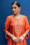 Shop_Label Niti Bothra_Orange Cupro Embroidery Notched Kurta Palazzo Set _Online_at_Aza_Fashions