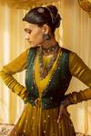Shop_Zariya The Label_Yellow Modal Satin Thread And Mirror Round Work Waistcoat & Anarkali Set _Online_at_Aza_Fashions