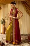 Buy_Zariya the Label_Maroon Modal Satin Embroidery Thread And Mirror Front Tie Up Cape & Pant Set _at_Aza_Fashions