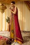 Shop_Zariya the Label_Maroon Modal Satin Embroidery Thread And Mirror Front Tie Up Cape & Pant Set _at_Aza_Fashions