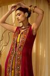 Zariya the Label_Maroon Modal Satin Embroidery Thread And Mirror Front Tie Up Cape & Pant Set _Online_at_Aza_Fashions