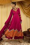 Buy_Zariya The Label_Pink Modal Satin Mirror Round Contrast Hem Anarkali Set _at_Aza_Fashions