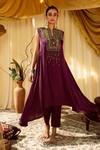 Buy_Zariya The Label_Purple Modal Satin Thread And Mirror Notched Asymmetric Kurta & Pant Set _at_Aza_Fashions