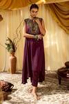 Shop_Zariya The Label_Purple Modal Satin Thread And Mirror Notched Asymmetric Kurta & Pant Set _at_Aza_Fashions