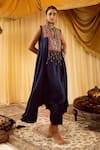Buy_Zariya The Label_Blue Modal Satin Thread And Mirror Notched Asymmetric Kurta & Pant Set _at_Aza_Fashions