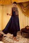 Zariya The Label_Blue Modal Satin Thread And Mirror Notched Asymmetric Kurta & Pant Set _Online_at_Aza_Fashions