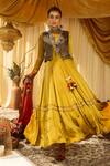 Buy_Zariya The Label_Yellow Modal Satin Floral Print And Mirror Work Round Waistcoat & Anarkali Set _at_Aza_Fashions