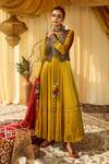 Shop_Zariya The Label_Yellow Modal Satin Floral Print And Mirror Work Round Waistcoat & Anarkali Set _at_Aza_Fashions