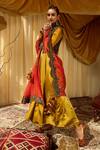 Zariya The Label_Yellow Modal Satin Floral Print And Mirror Work Round Waistcoat & Anarkali Set _Online_at_Aza_Fashions