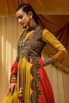 Buy_Zariya The Label_Yellow Modal Satin Floral Print And Mirror Work Round Waistcoat & Anarkali Set _Online_at_Aza_Fashions