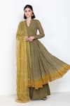 Buy_Zariya The Label_Green Georgette Thread And Beads V Neck Ombre Angarkha Kurta Skirt Set _at_Aza_Fashions