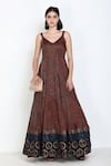 Buy_Zariya The Label_Brown Modal Ajrakh Print And Mirror V Neck Gown _at_Aza_Fashions