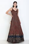 Zariya The Label_Brown Modal Ajrakh Print And Mirror V Neck Gown _Online_at_Aza_Fashions