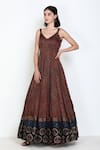 Buy_Zariya The Label_Brown Modal Ajrakh Print And Mirror V Neck Gown _Online_at_Aza_Fashions