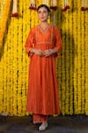 Buy_Label Niti Bothra_Orange Cupro Embroidery V Neck Kurta Palazzo Set _at_Aza_Fashions