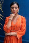 Label Niti Bothra_Orange Cupro Embroidery V Neck Kurta Palazzo Set _at_Aza_Fashions