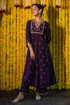 Buy_Label Niti Bothra_Purple Cupro Embroidery V Neck Kurta Palazzo Set _at_Aza_Fashions