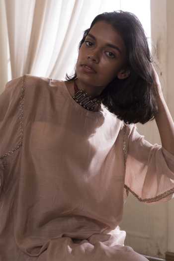 Buy_Dot_Peach Cotton Silk Round Kurta And Pant Set _Online_at_Aza_Fashions
