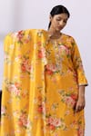 Abbaran_Yellow Chanderi Printed Floral Round Kurta Palazzo Set _at_Aza_Fashions