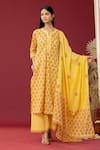 Abbaran_Yellow Kurta And Palazzo Cotton Cambric Printed Block Notched Set _Online_at_Aza_Fashions