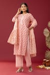 Abbaran_Pink Kurta And Palazzo Cotton Cambric Printed Block Notched Floral Set _Online_at_Aza_Fashions