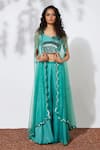 Buy_Mehak Murpana_Blue Net, Crepe Leaf Neck Embellished Cape And Palazzo Set _at_Aza_Fashions
