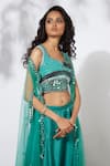 Mehak Murpana_Blue Net, Crepe Leaf Neck Embellished Cape And Palazzo Set _Online_at_Aza_Fashions