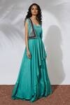 Shop_Mehak Murpana_Blue Crepe Jacket Open Gown V-neck Embroidered And Layered_at_Aza_Fashions