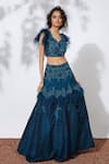 Buy_Mehak Murpana_Blue Raw Silk Embroidery Leaf Neck Crop Top And Lehenga Set _at_Aza_Fashions