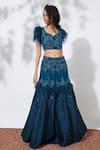 Shop_Mehak Murpana_Blue Raw Silk Embroidery Leaf Neck Crop Top And Lehenga Set _at_Aza_Fashions